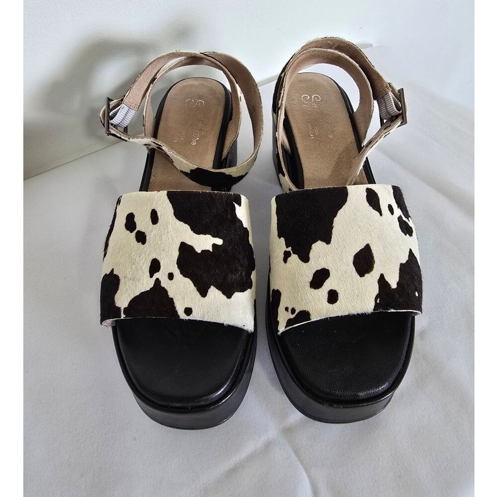 Seychelles Cow Print Leather Platform Heels Black White Size 7.5